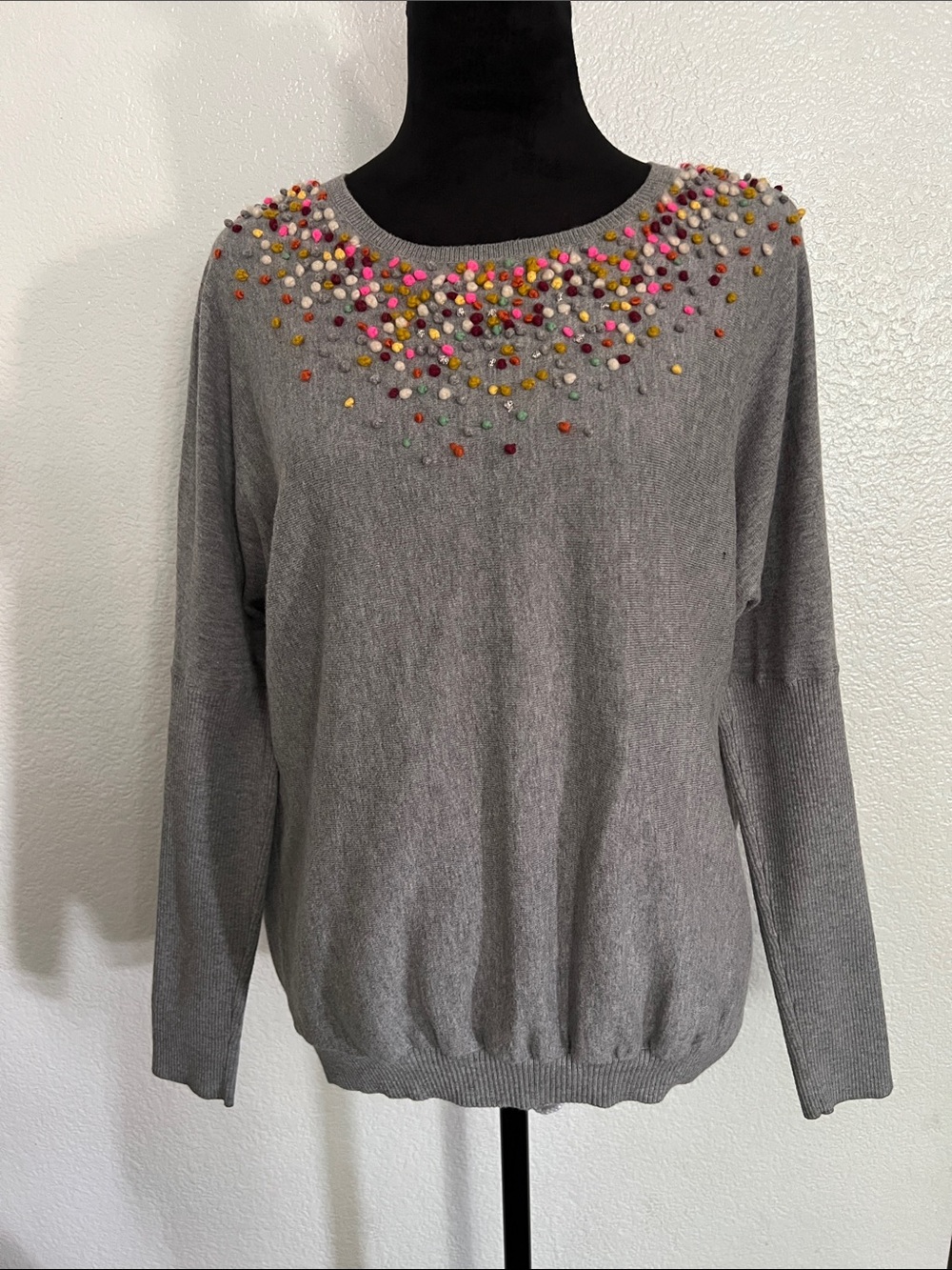 Angel Of The North Gray Crewneck Sweater with Multicolor Bead Detail